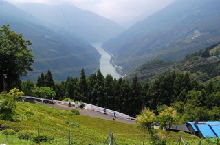 天竜川を見下ろす山あいに開けた集落と茶園